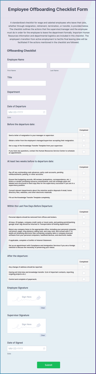Employee Offboarding Checklist Form Template