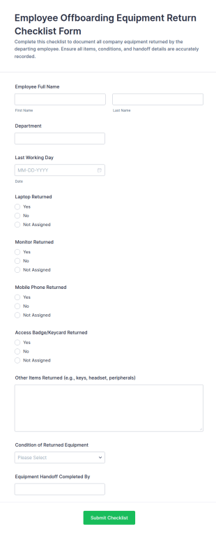 Employee Offboarding Equipment Return Checklist Form Template