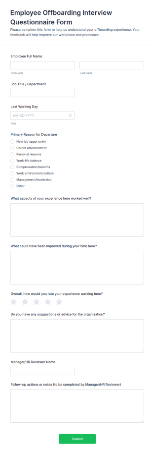 Employee Offboarding Interview Questionnaire Form Template