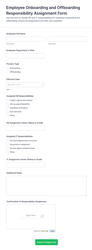Employee Onboarding And Offboarding Responsibility Assignment Form Template