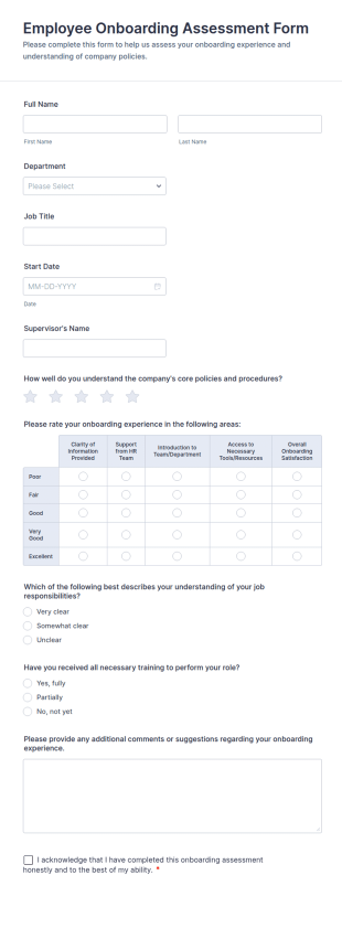 Employee Onboarding Assessment Form Template