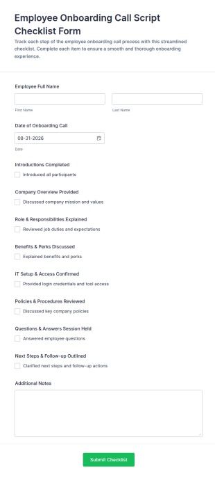Employee Onboarding Call Script Checklist Form Template