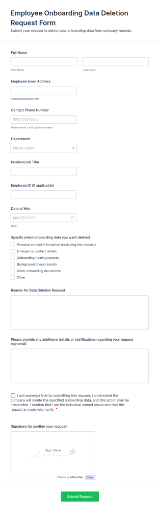 Employee Onboarding Data Deletion Request Form Template