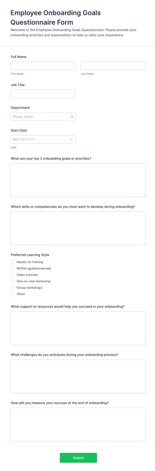 Employee Onboarding Goals Questionnaire Form Template