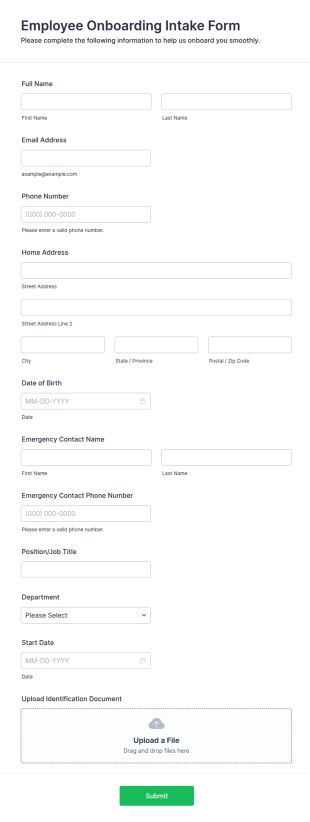Employee Onboarding Intake Form Template