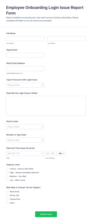 Employee Onboarding Login Issue Report Form Template