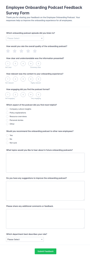 Employee Onboarding Podcast Feedback Survey Form Template