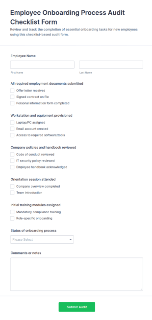 Employee Onboarding Process Audit Checklist Form Template