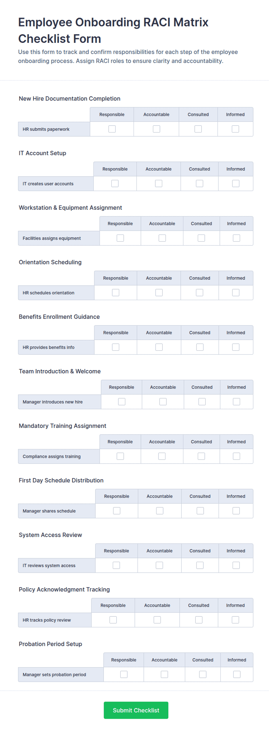 Employee Onboarding RACI Matrix Checklist Form Template | Jotform