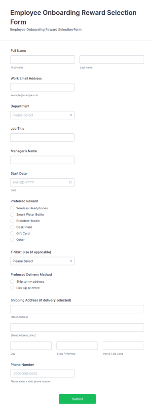 Employee Onboarding Reward Selection Form Template