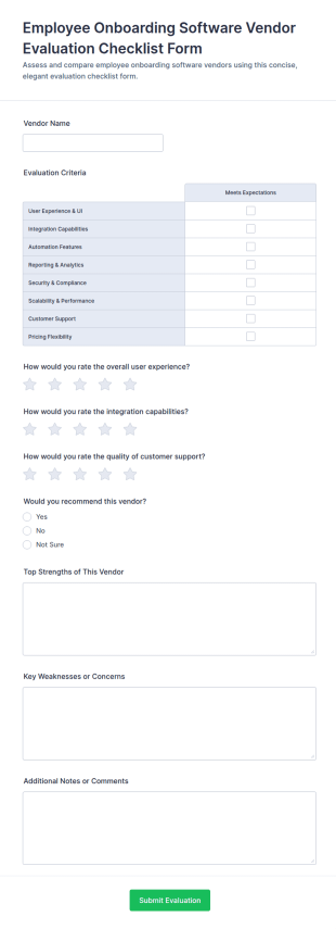 Employee Onboarding Software Vendor Evaluation Checklist Form Template