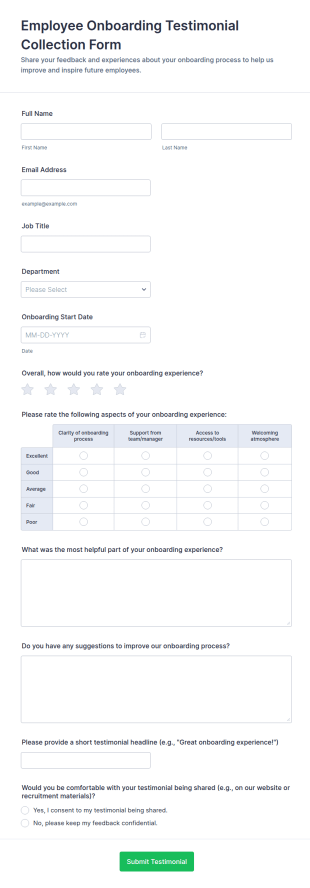 Employee Onboarding Testimonial Collection Form Template