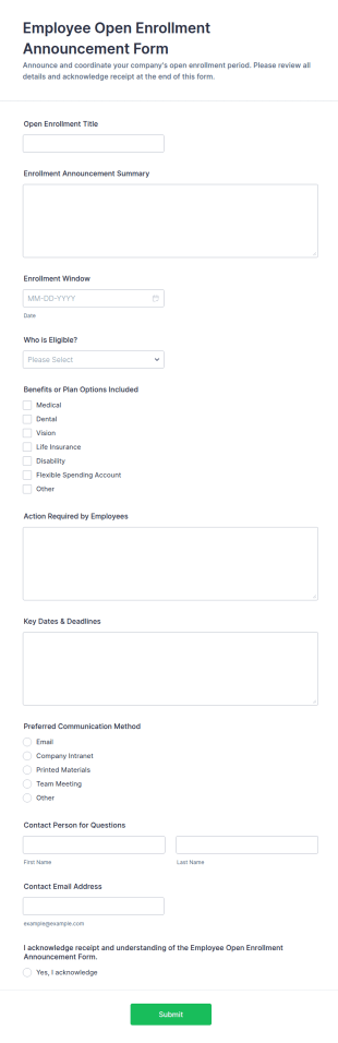 Employee Open Enrollment Announcement Form Template