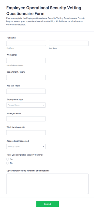 Employee Operational Security Vetting Questionnaire Form Template