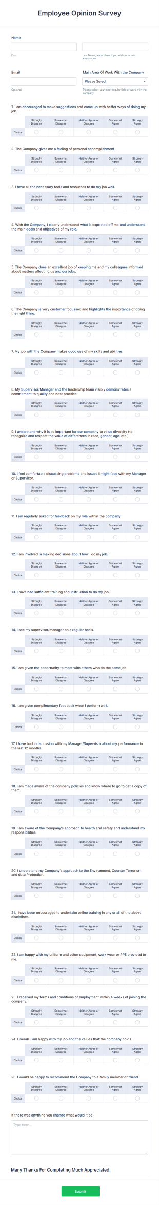 Employee Opinion Survey Form Template