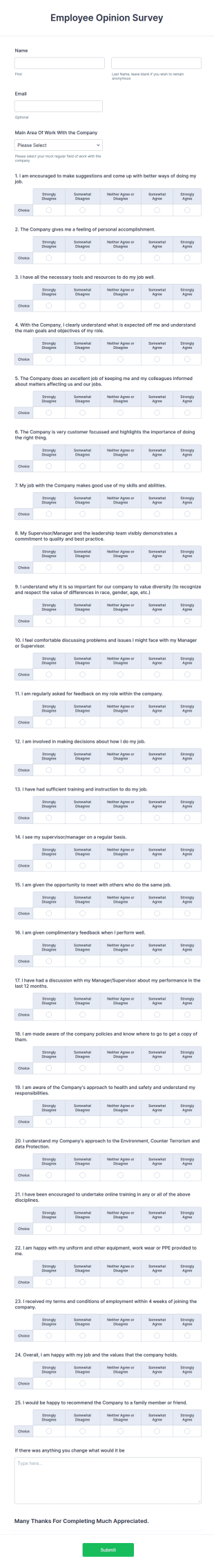 Employee Opinion Survey Form Template