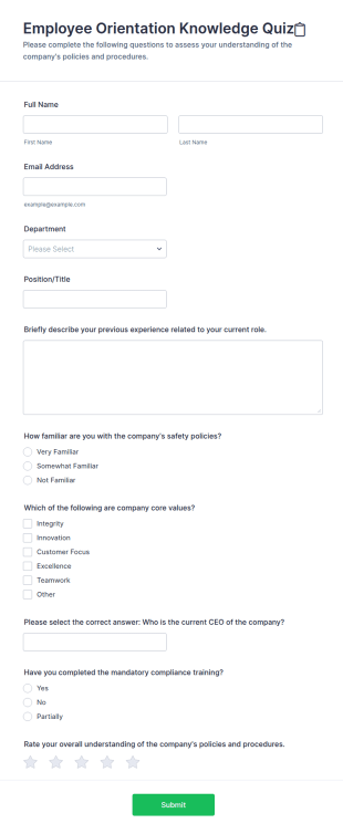Employee Orientation Knowledge Quiz📋 Form Template