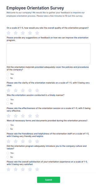Employee Orientation Survey Form Template