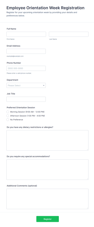 Employee Orientation Week Registration Form Template