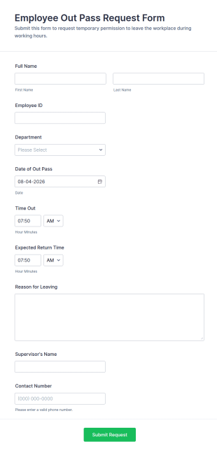 Employee Out Pass Request Form Template