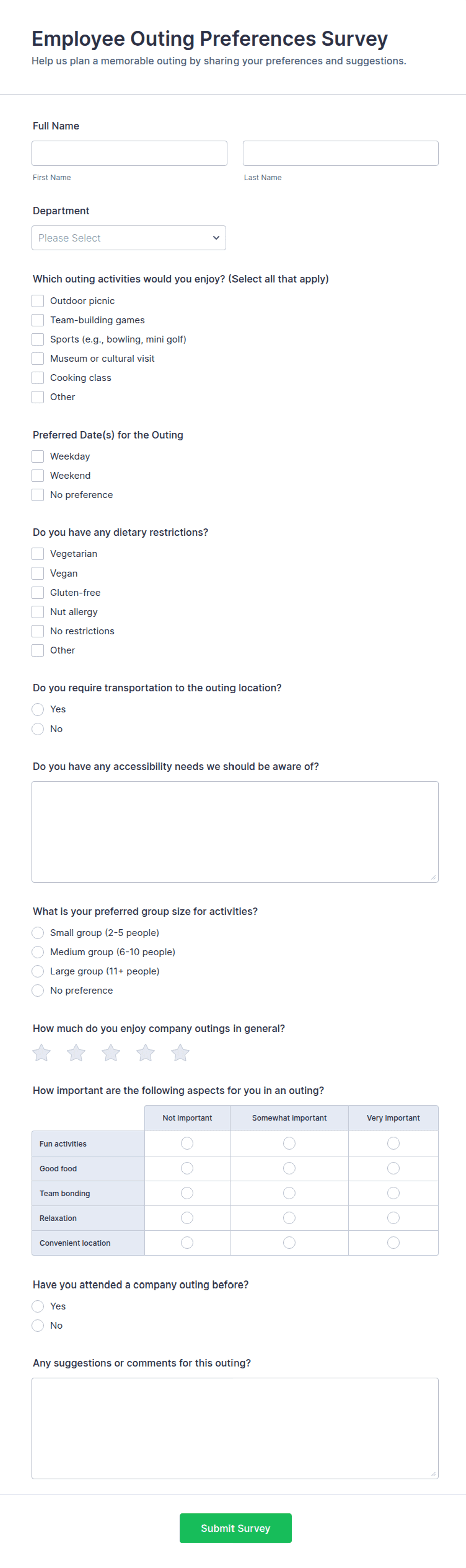 Work Preference Form Employee Outing Preferences Survey Form Template | Jotform