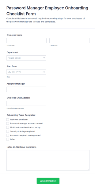 Employee Password Manager Onboarding Checklist Form Template