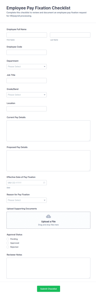 Employee Pay Fixation Checklist Form Template