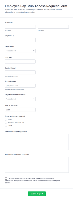 Employee Pay Stub Access Request Form Template