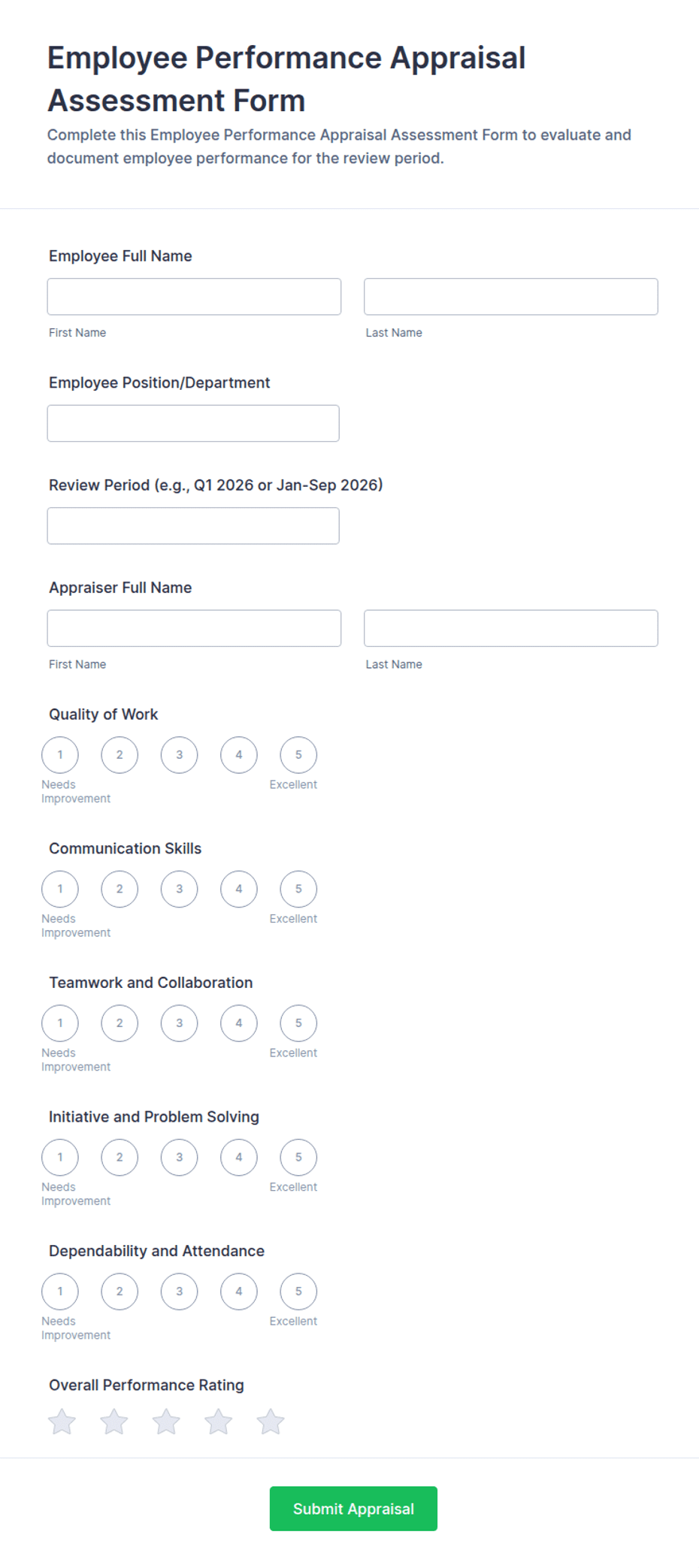 Employee Performance Appraisal Assessment Form Template | Jotform