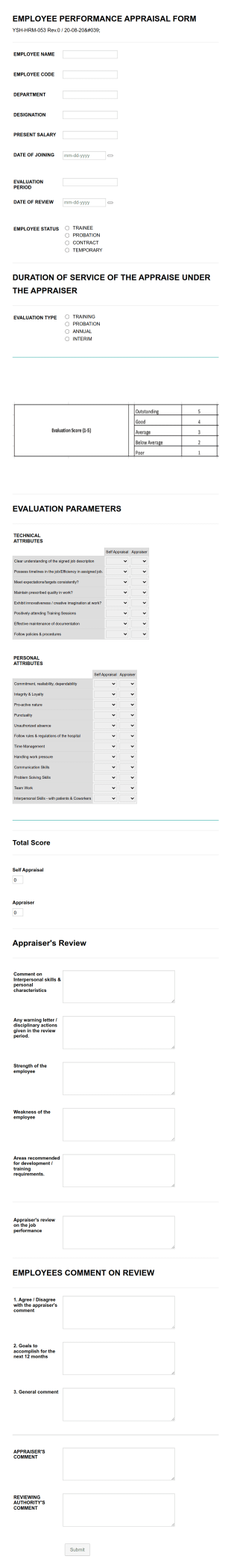 Employee Performance Appraisal Form Template