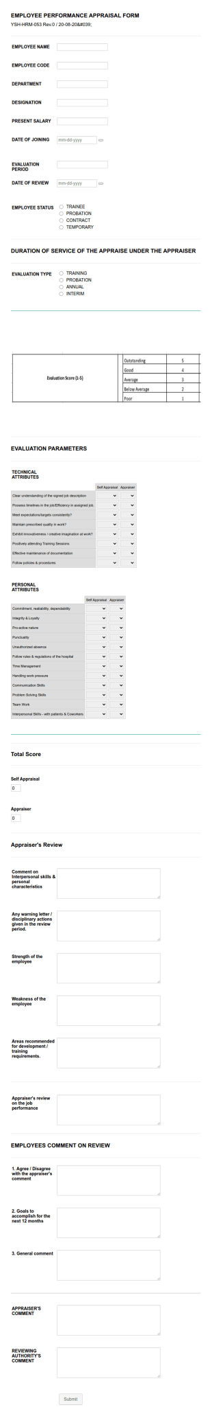 Employee Performance Appraisal Form Template