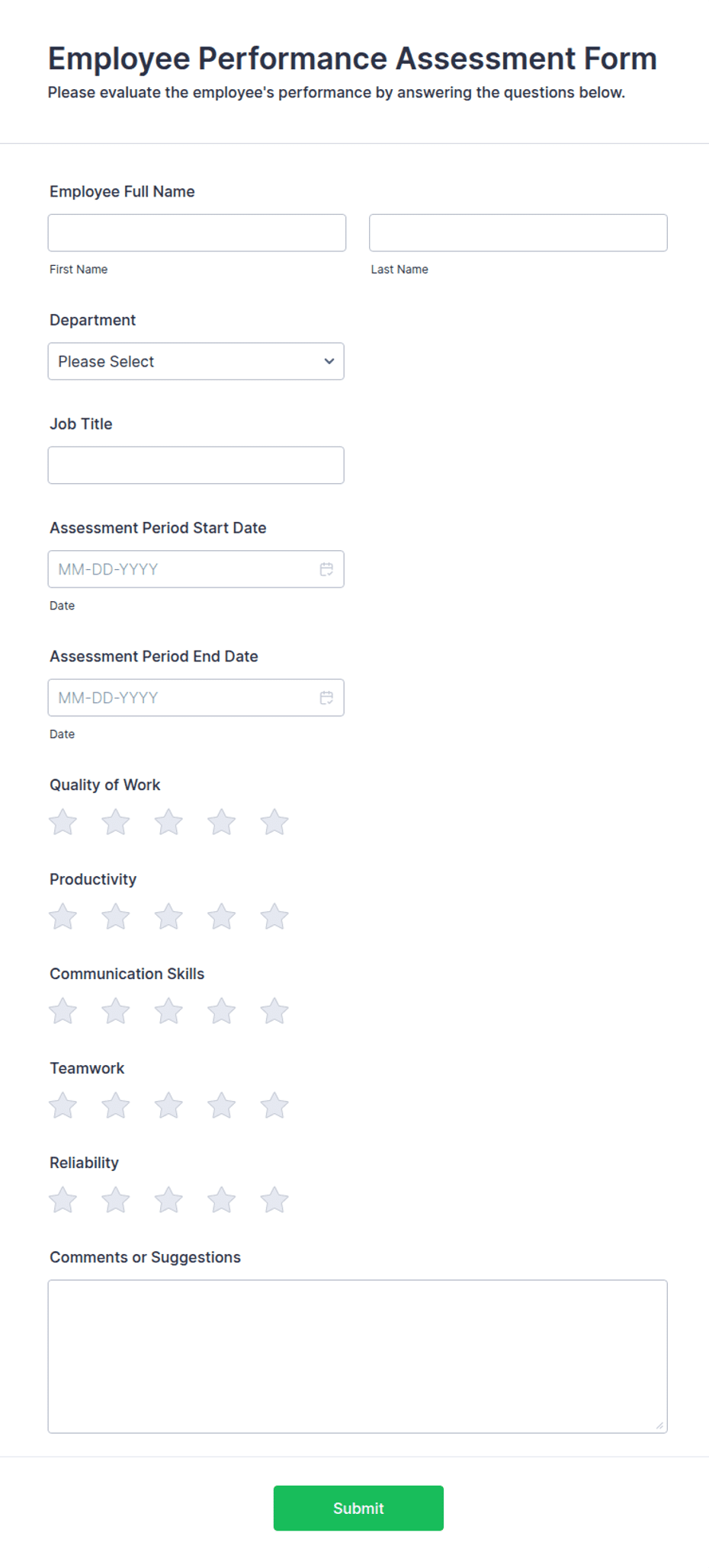 Performance Assessment Format Employee Performance Assessment Form Template | Jotform