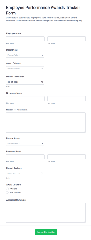 Employee Performance Awards Tracker Form Template