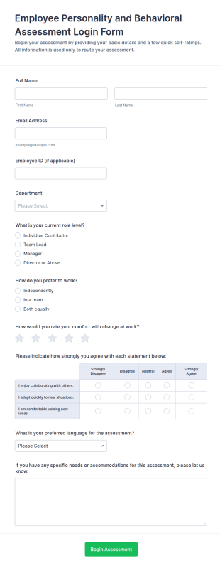 Employee Personality And Behavioral Assessment Login Form Template