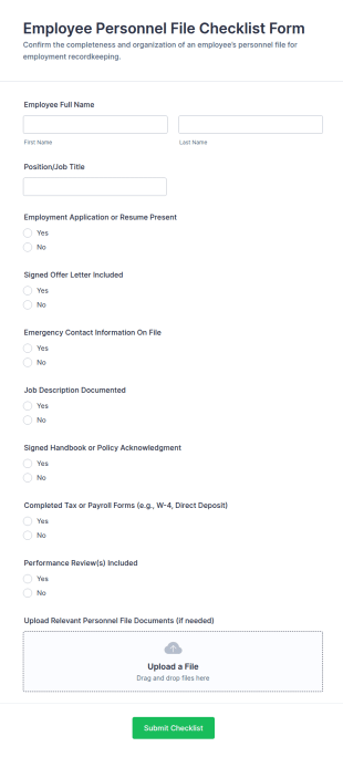 Employee Personnel File Checklist Form Template