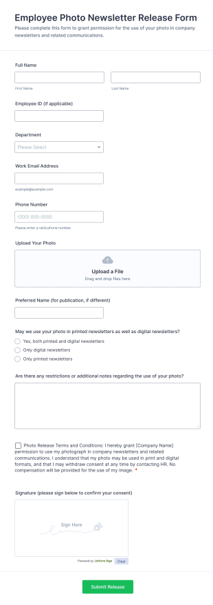 Employee Photo Newsletter Release Form Template