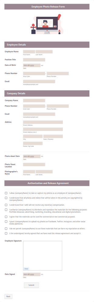 Employee Photo Release Form Template