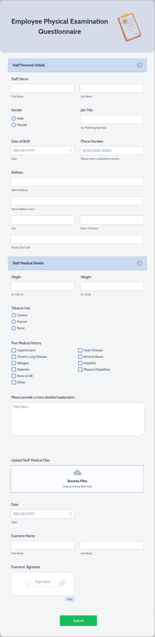 Employee Physical Examination Questionnaire Form Template