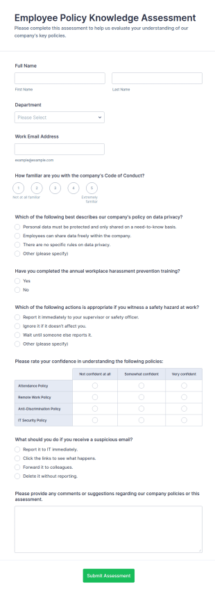 Employee Policy Knowledge Assessment Form Template