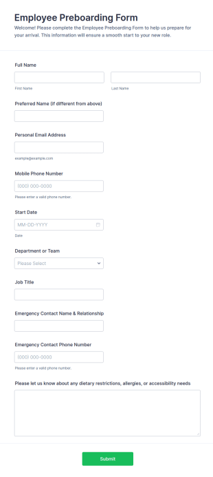Employee Preboarding Form Template
