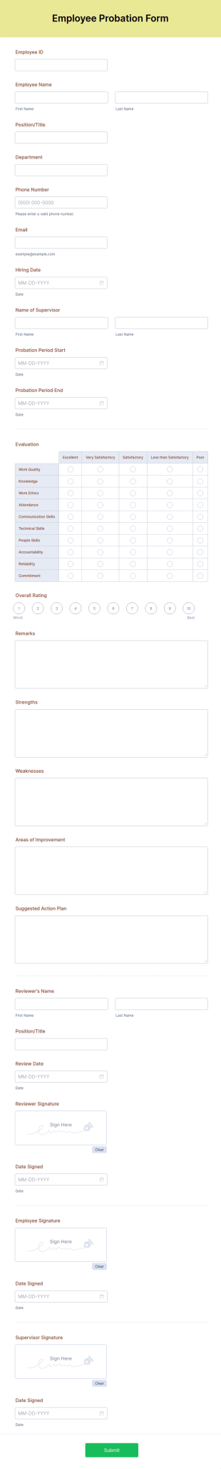 Employee Probation Form Template
