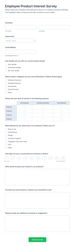 Employee Product Interest Survey Form Template