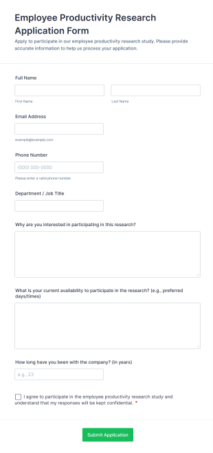 Employee Productivity Research Application Form Form Template