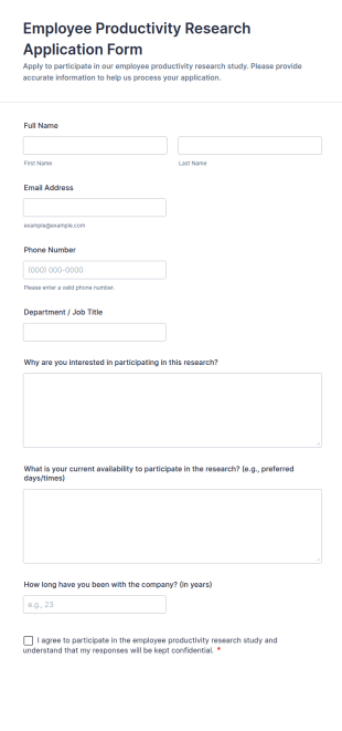 Employee Productivity Research Application Form Template