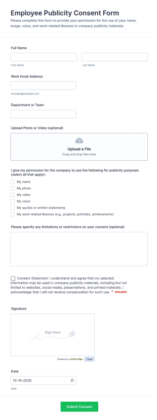 Employee Publicity Consent Form Template