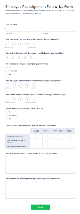 Employee Reassignment Follow Up Survey Form Template
