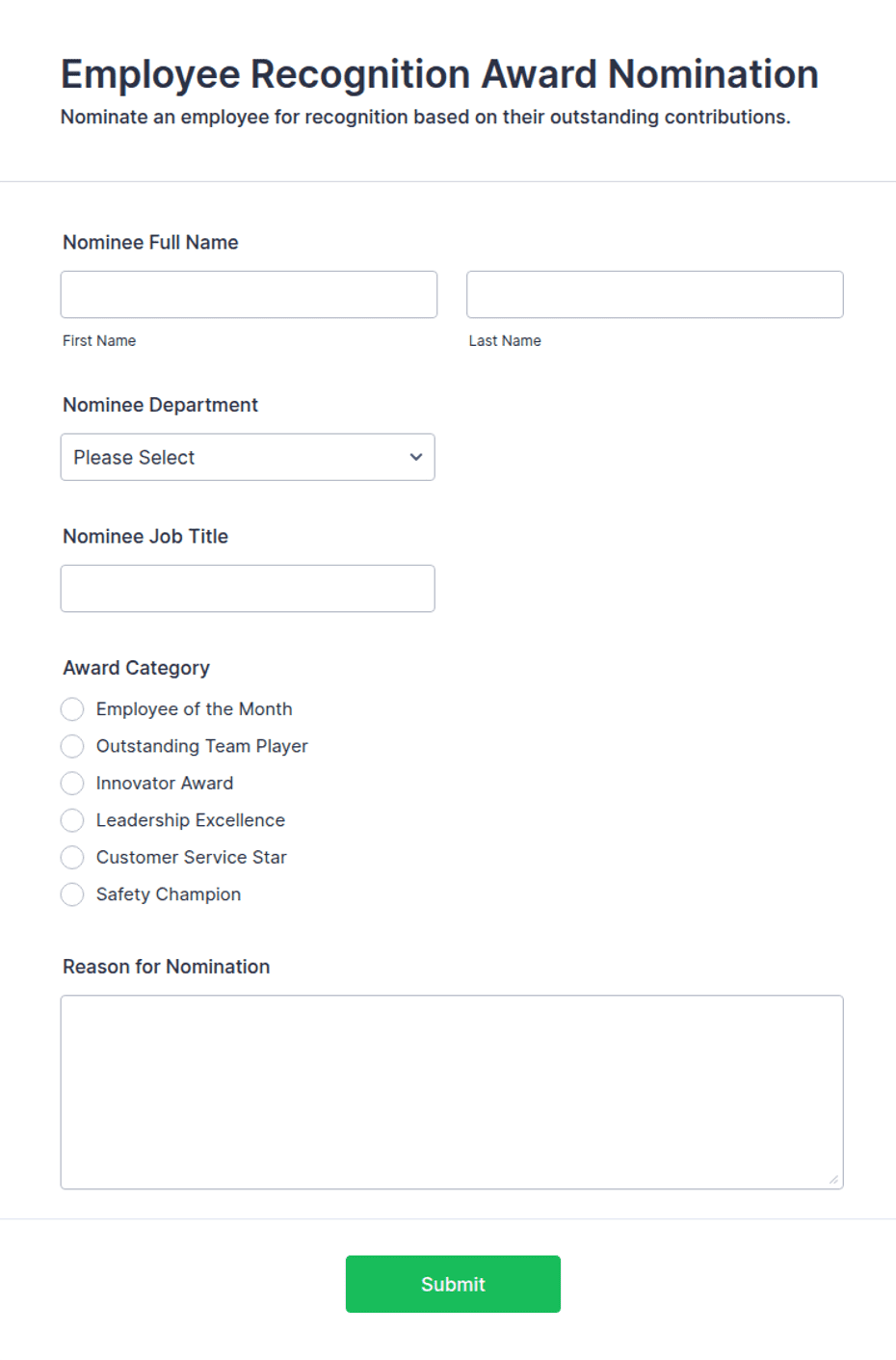 Employee Recognition Award Nomination Form Template Jotform