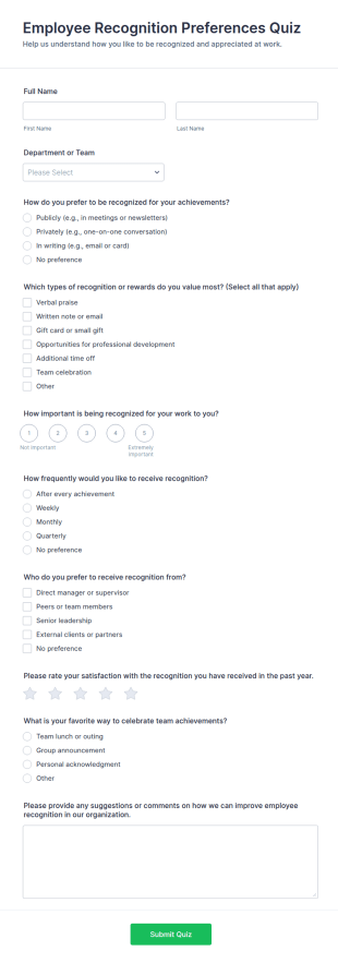 Employee Recognition Preferences Quiz Form Template
