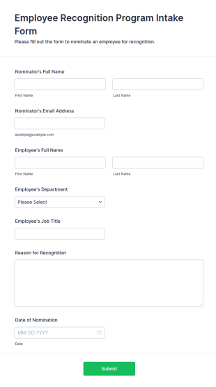 Employee Recognition Program Intake Form Template