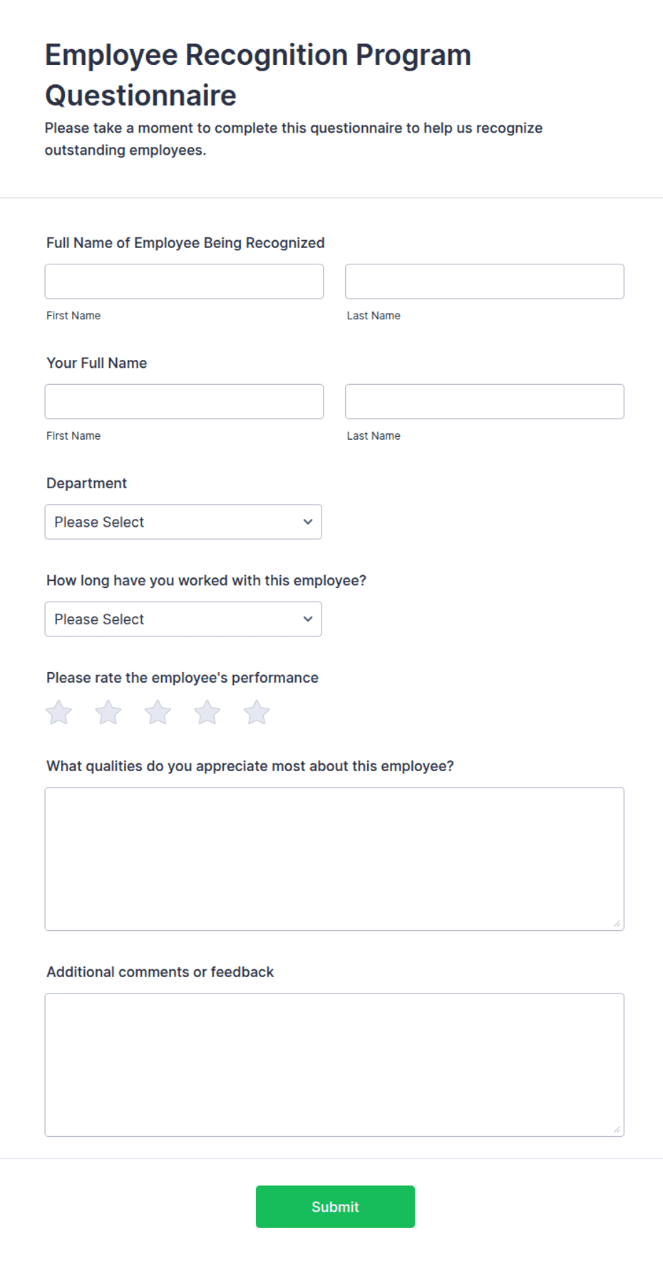 Recognition Program Database Form Employee Recognition Program Questionnaire Form Template | Jotform